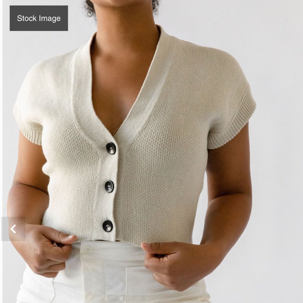 Cream Short-Sleeve V-Neck Button Cardigan Sweater